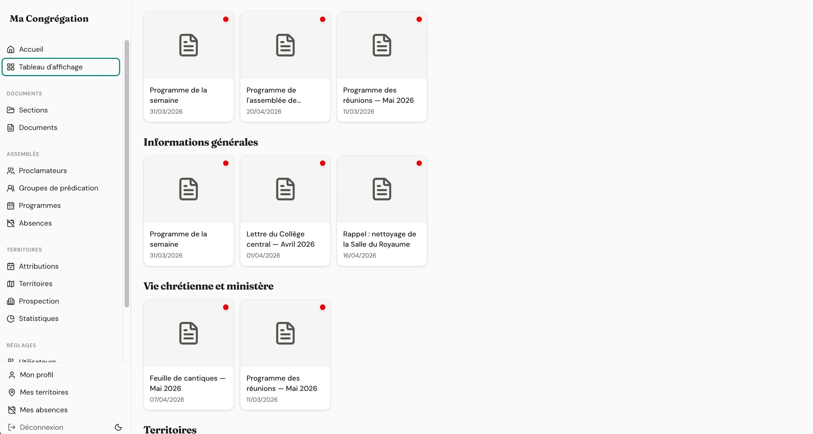 Digital information board with documents organized by section