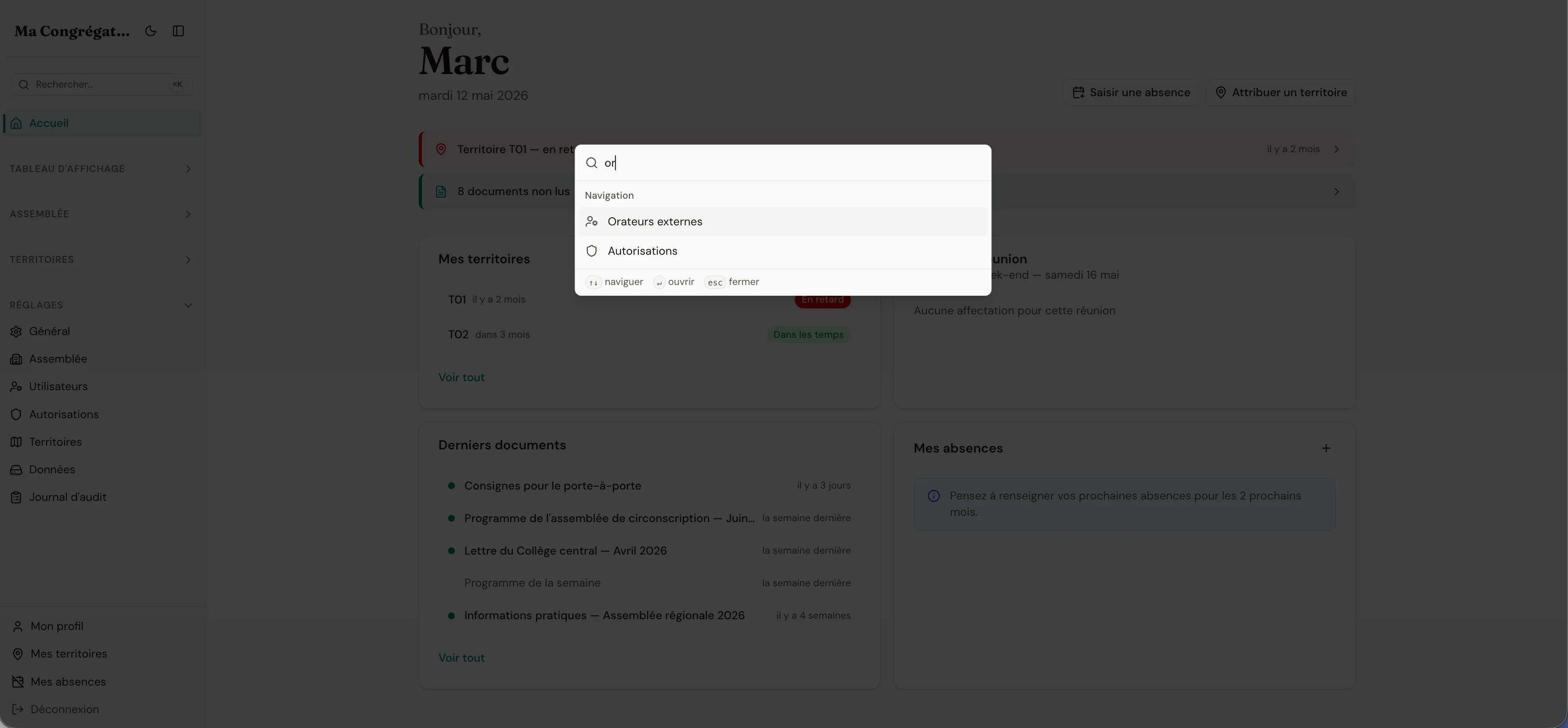Command palette open over the dashboard with a search field and contextual results