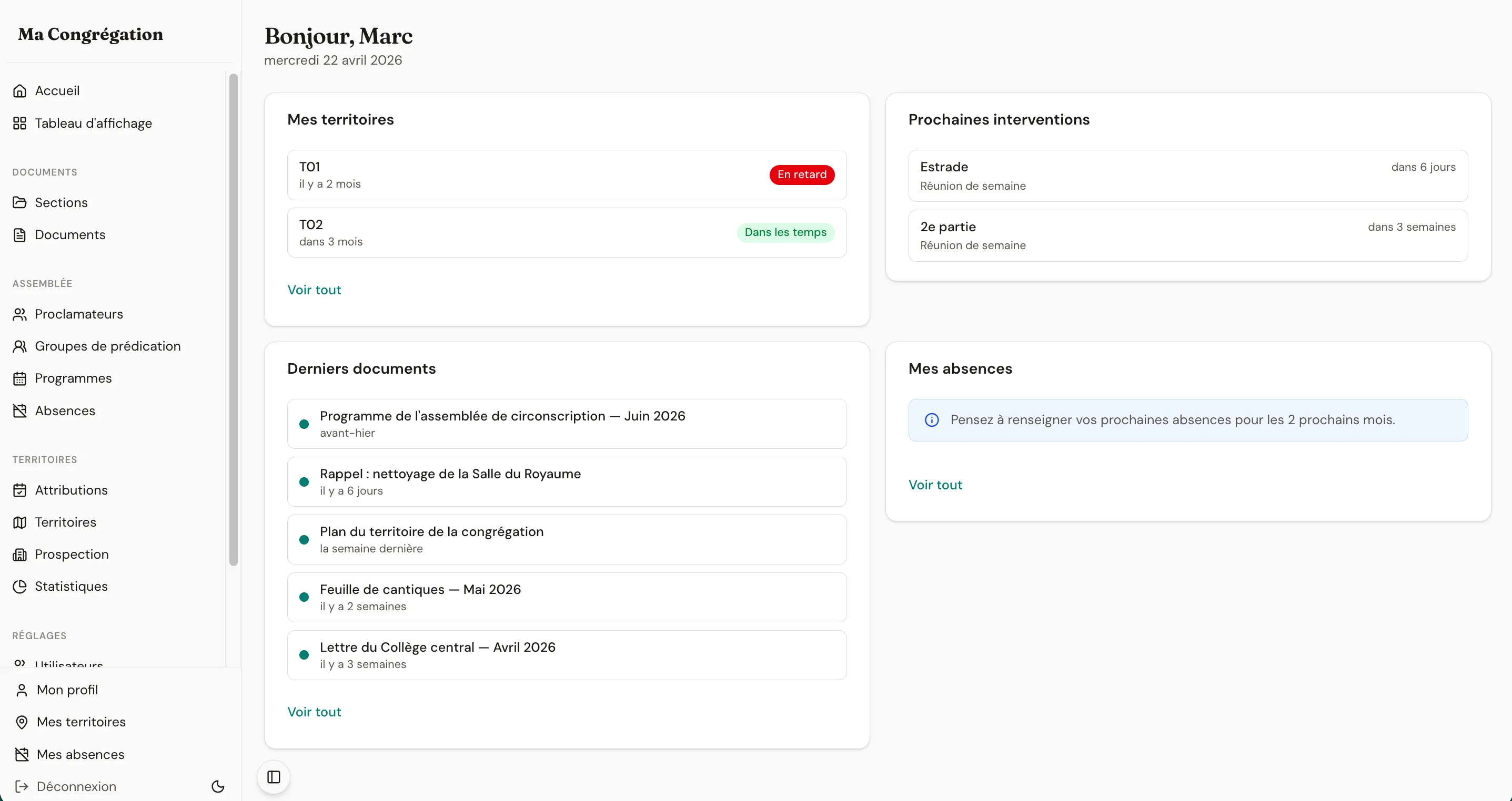 Personalized dashboard with territories, assignments, and upcoming events