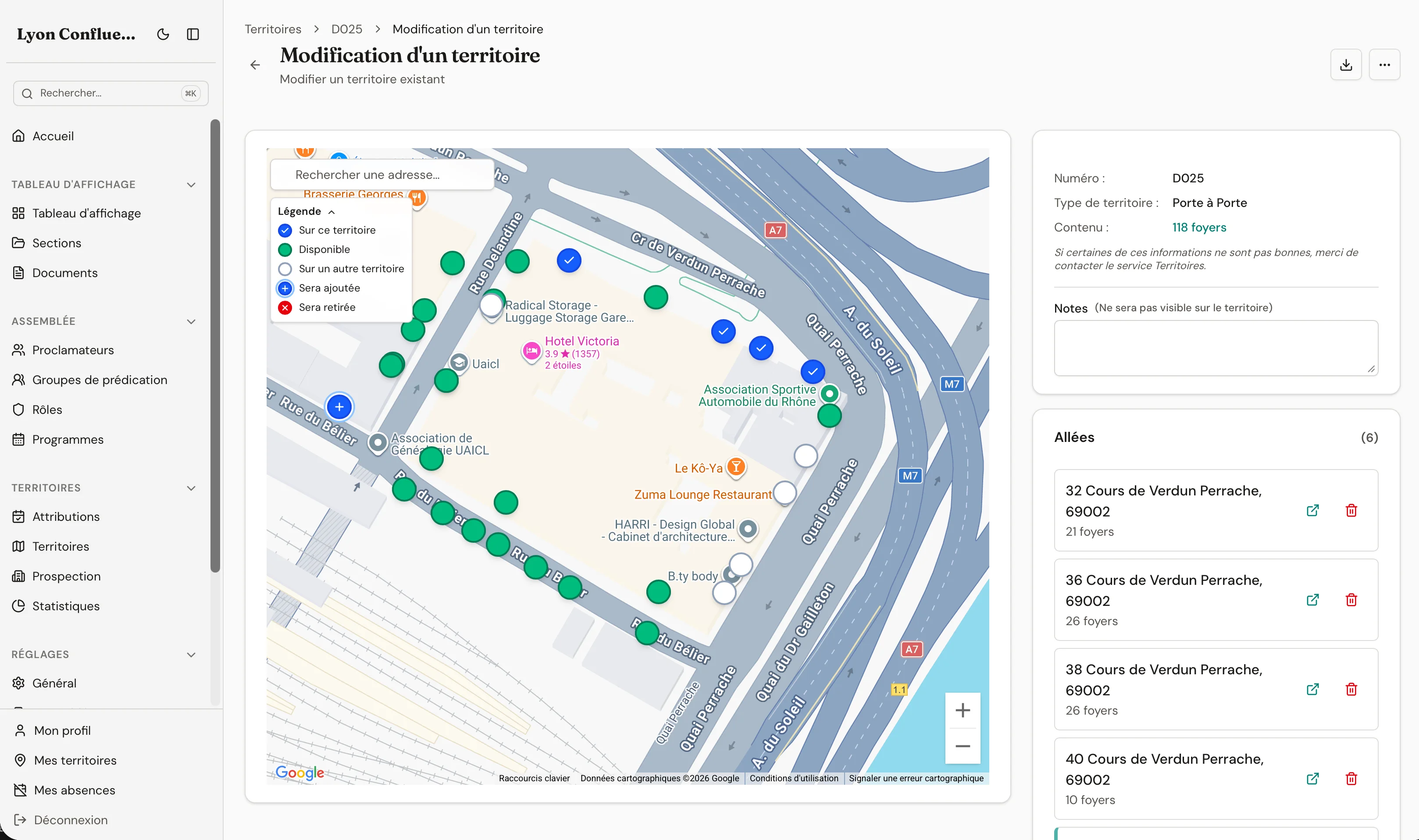 Map editor showing a territory boundary being drawn over building markers