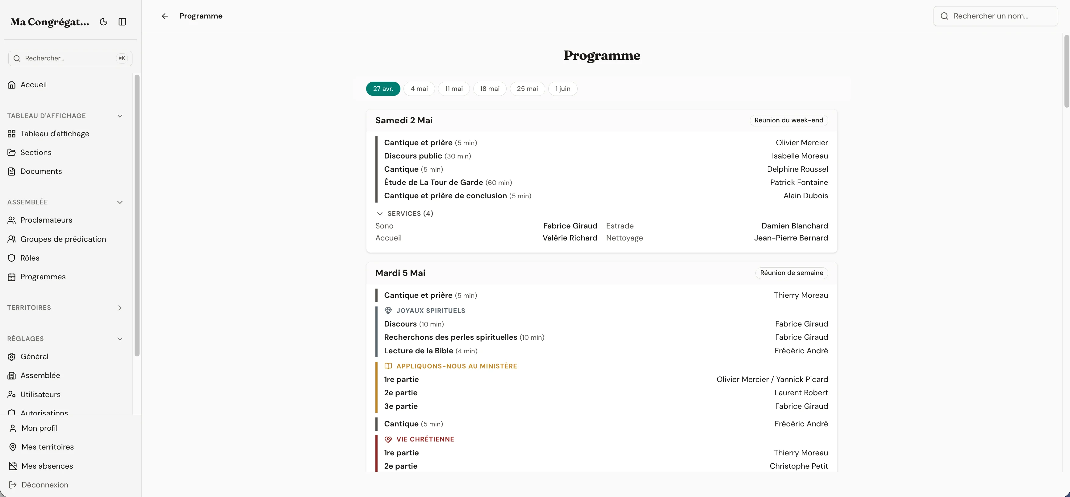 Meeting programme with parts, service roles, and assignments