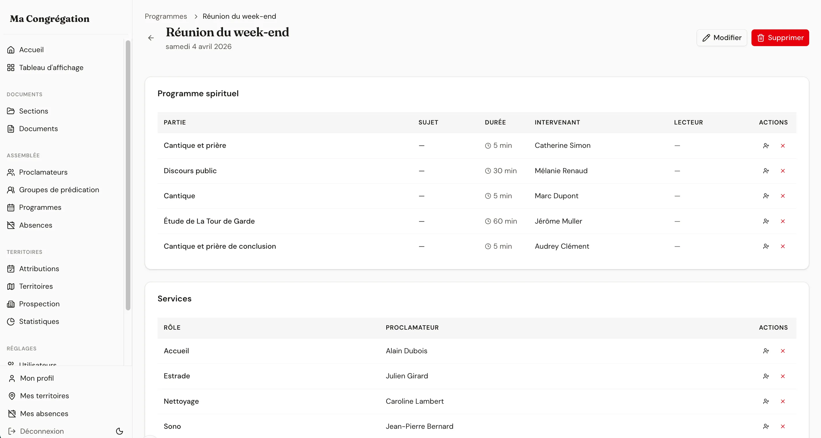 Meeting programme with speaking parts and service roles