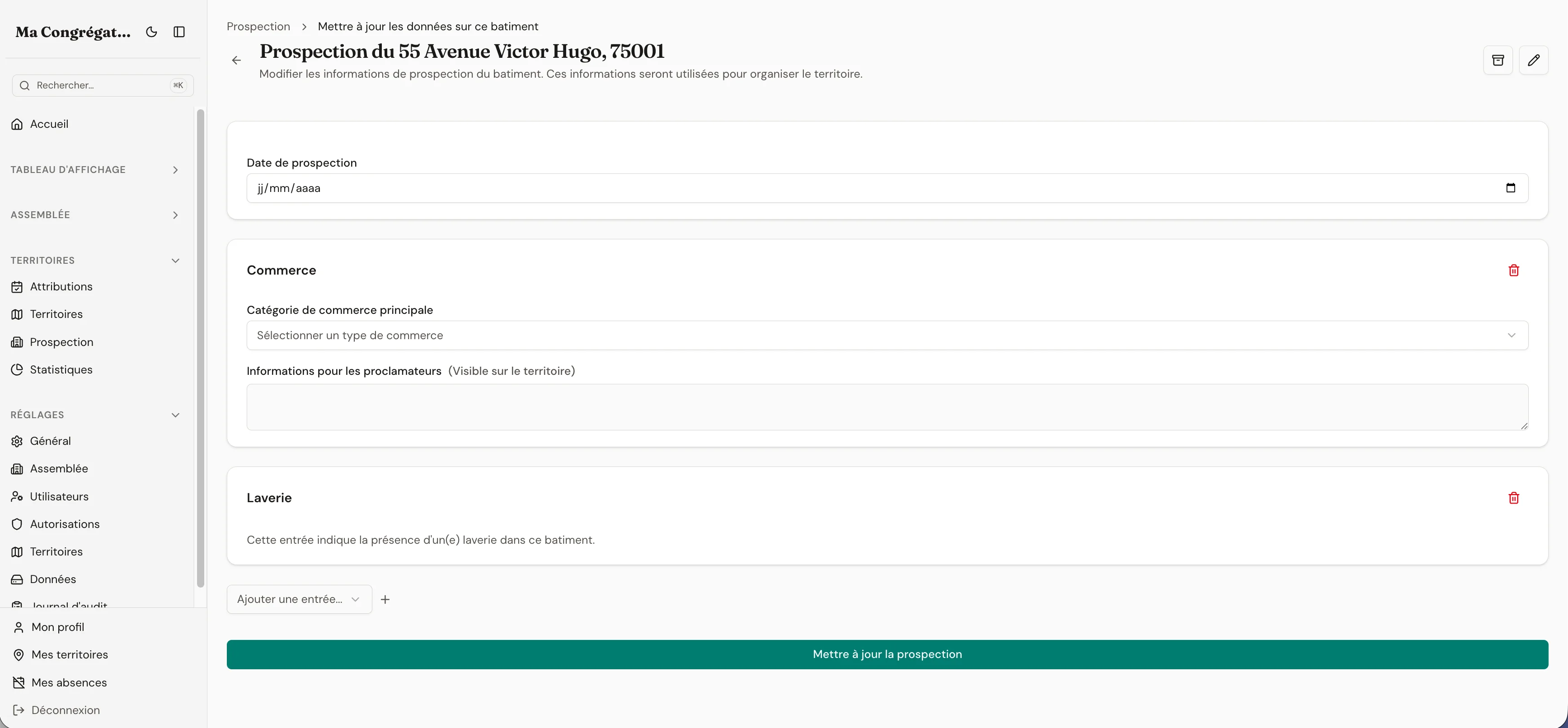 Prospecting types screen with custom categories for buildings, businesses, and public places