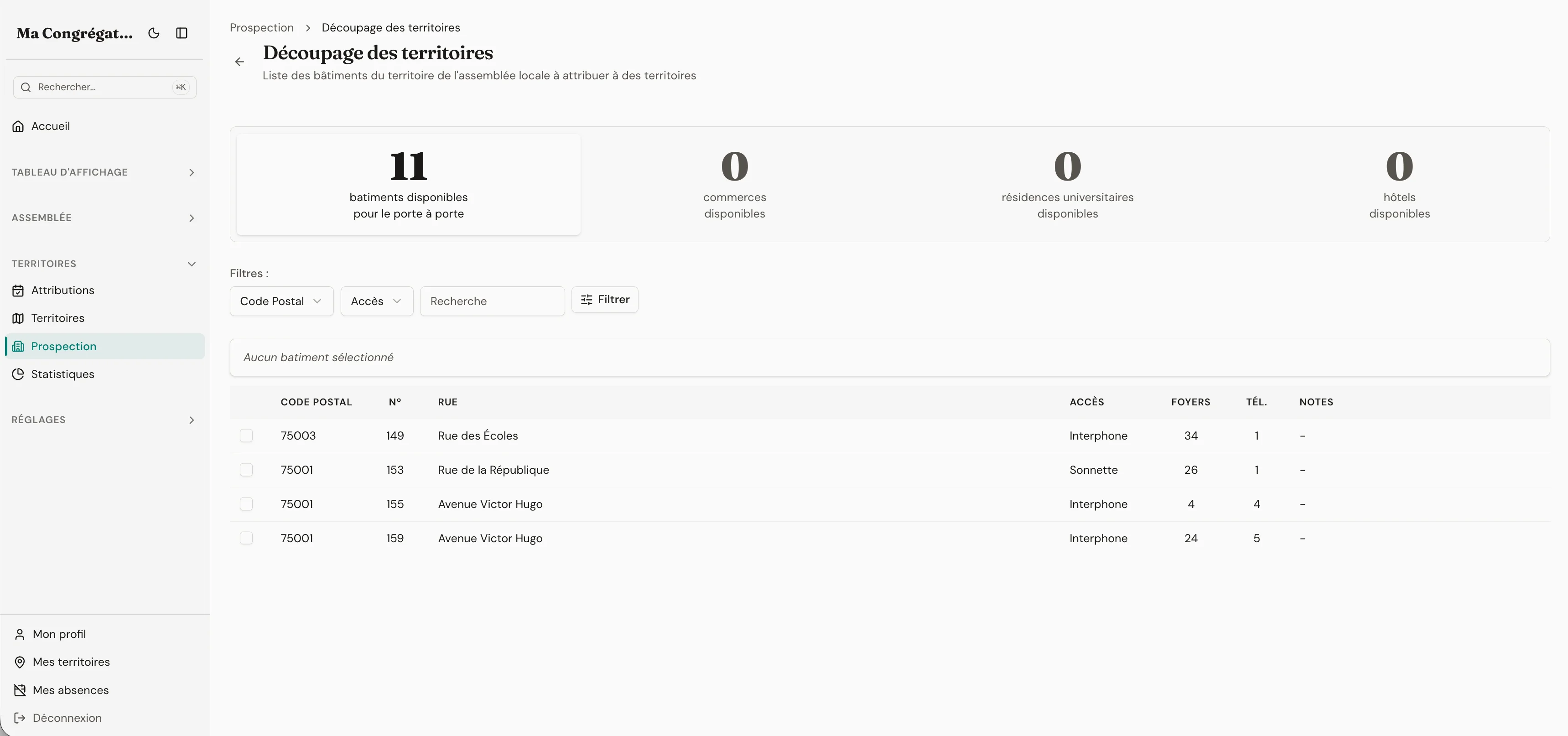 Territory composer screen with a list of buildings, each toggled in or out of the territory